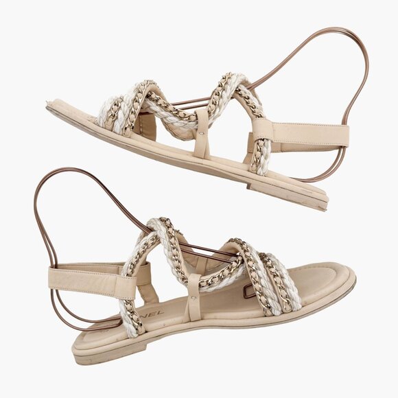 Chanel Chain & Cord Gladiator Sandals EU 39.5 US 8.5-9 Beige Leather Flat CC - Picture 8 of 14